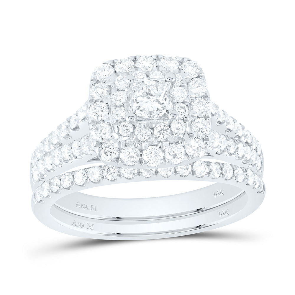 14kt White Gold Princess Diamond Halo Bridal Wedding Ring Band Set 1-1/2 Cttw