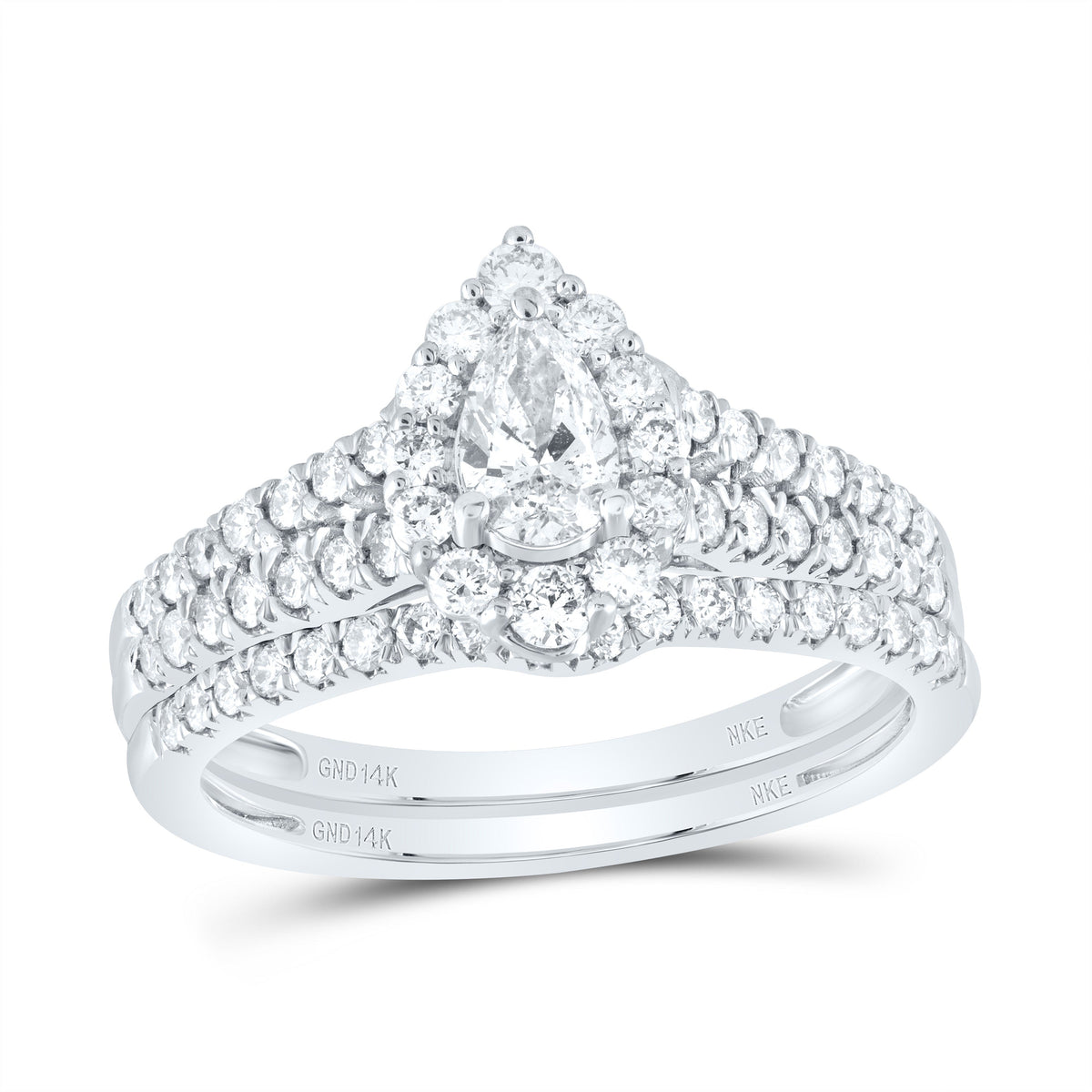 14kt White Gold Pear Diamond Halo Bridal Wedding Ring Band Set 1 Cttw