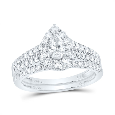 14kt White Gold Pear Diamond Halo Bridal Wedding Ring Band Set 1 Cttw