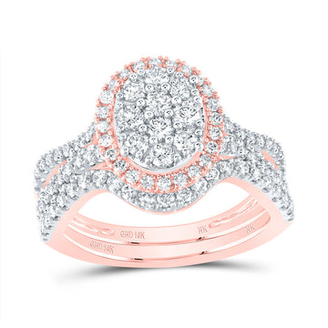 10kt Rose Gold Round Diamond Oval-shape Bridal Wedding Ring Band Set 1 Cttw