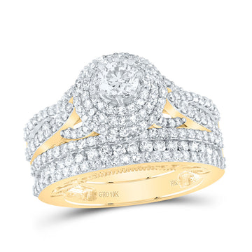10kt Yellow Gold Round Diamond Halo Bridal Wedding Ring Band Set 2-1/4 Cttw