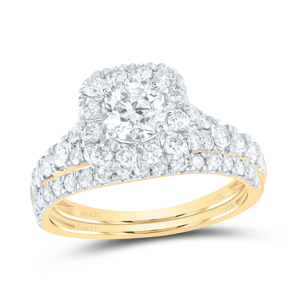 14kt Yellow Gold Round Diamond Halo Bridal Wedding Ring Band Set 2 Cttw
