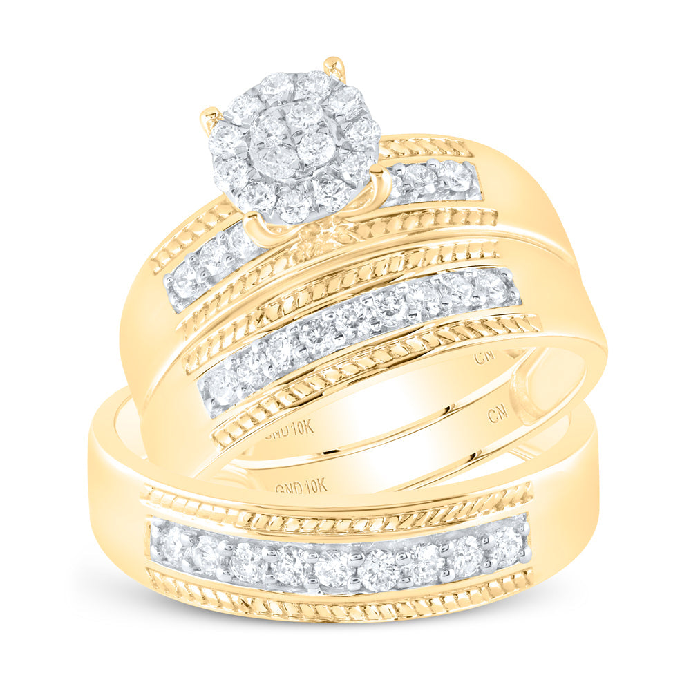 10kt Yellow Gold His Hers Round Diamond Cluster Matching Wedding Set 3/4 Cttw