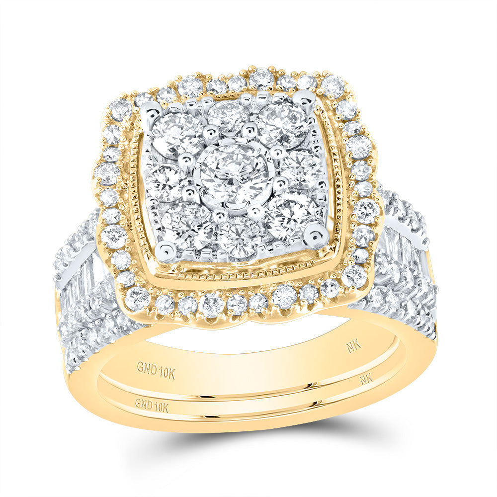 10kt Yellow Gold Round Diamond Cluster Bridal Wedding Ring Band Set 2 Cttw