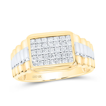 10kt Yellow Gold Mens Round Diamond Rectangle Cluster Ribbed Two-tone Ring 1/2 Cttw