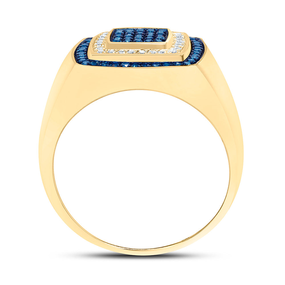 10kt Yellow Gold Mens Round Blue Color Treated Diamond Square Ring 3/4 Cttw