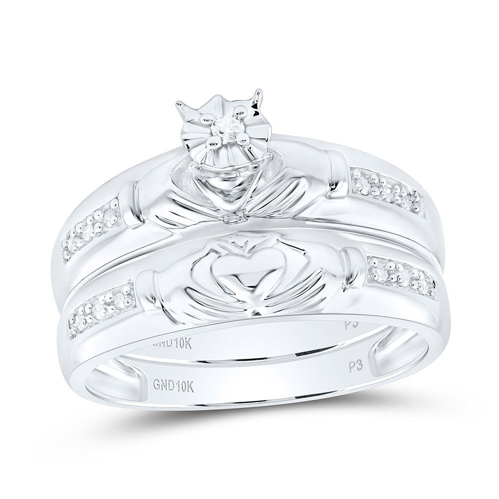10kt White Gold His Hers Round Diamond Claddagh Matching Wedding Set 1/8 Cttw