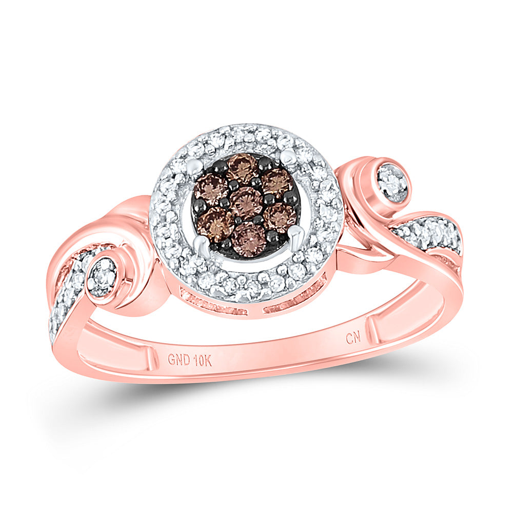 10kt Rose Gold Womens Round Brown Diamond Fashion Cluster Ring 1/4 Cttw