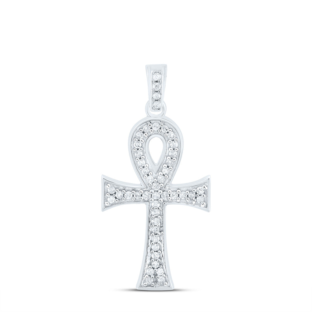10kt White Gold Mens Round Diamond Ankh Cross Charm Pendant 1/5 Cttw