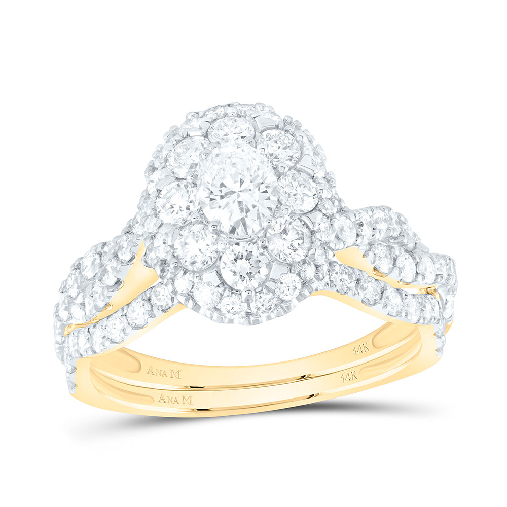 14kt Yellow Gold Oval Diamond Halo Bridal Wedding Ring Band Set 1-3/4 Cttw