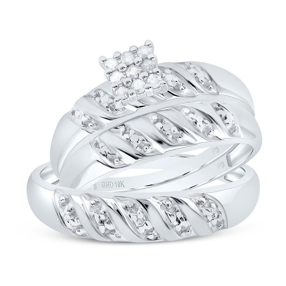 10kt White Gold His Hers Round Diamond Cluster Matching Wedding Set 1/10 Cttw