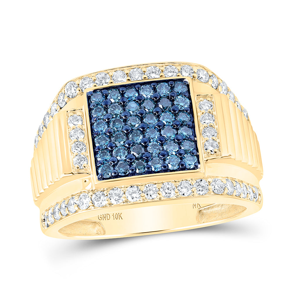 10kt Yellow Gold Mens Round Blue Color Treated Diamond Square Ring 1-5/8 Cttw