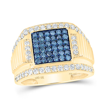 10kt Yellow Gold Mens Round Blue Color Treated Diamond Square Ring 1-5/8 Cttw