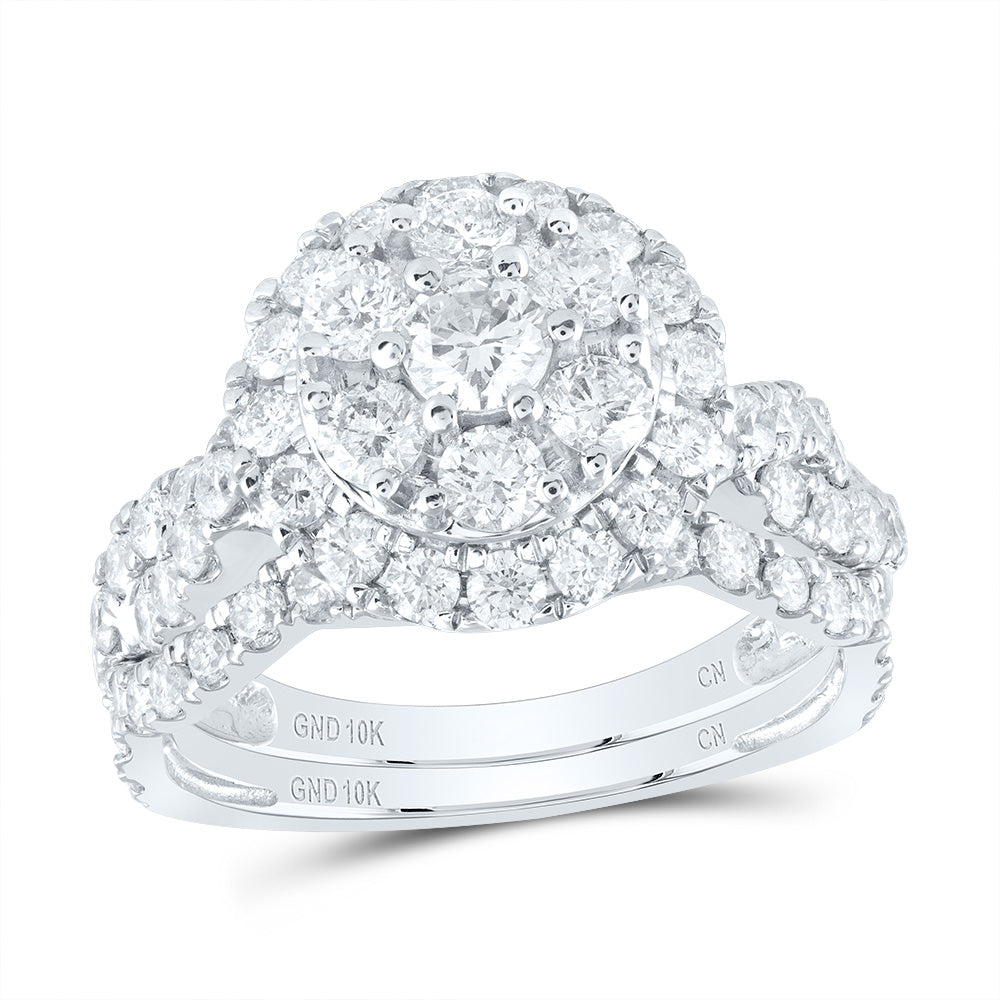 10kt White Gold Round Diamond Cluster Halo Bridal Wedding Ring Band Set 2 Cttw