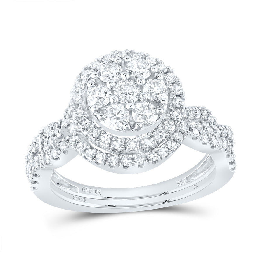 10kt White Gold Round Diamond Cluster Bridal Wedding Ring Band Set 1 Cttw