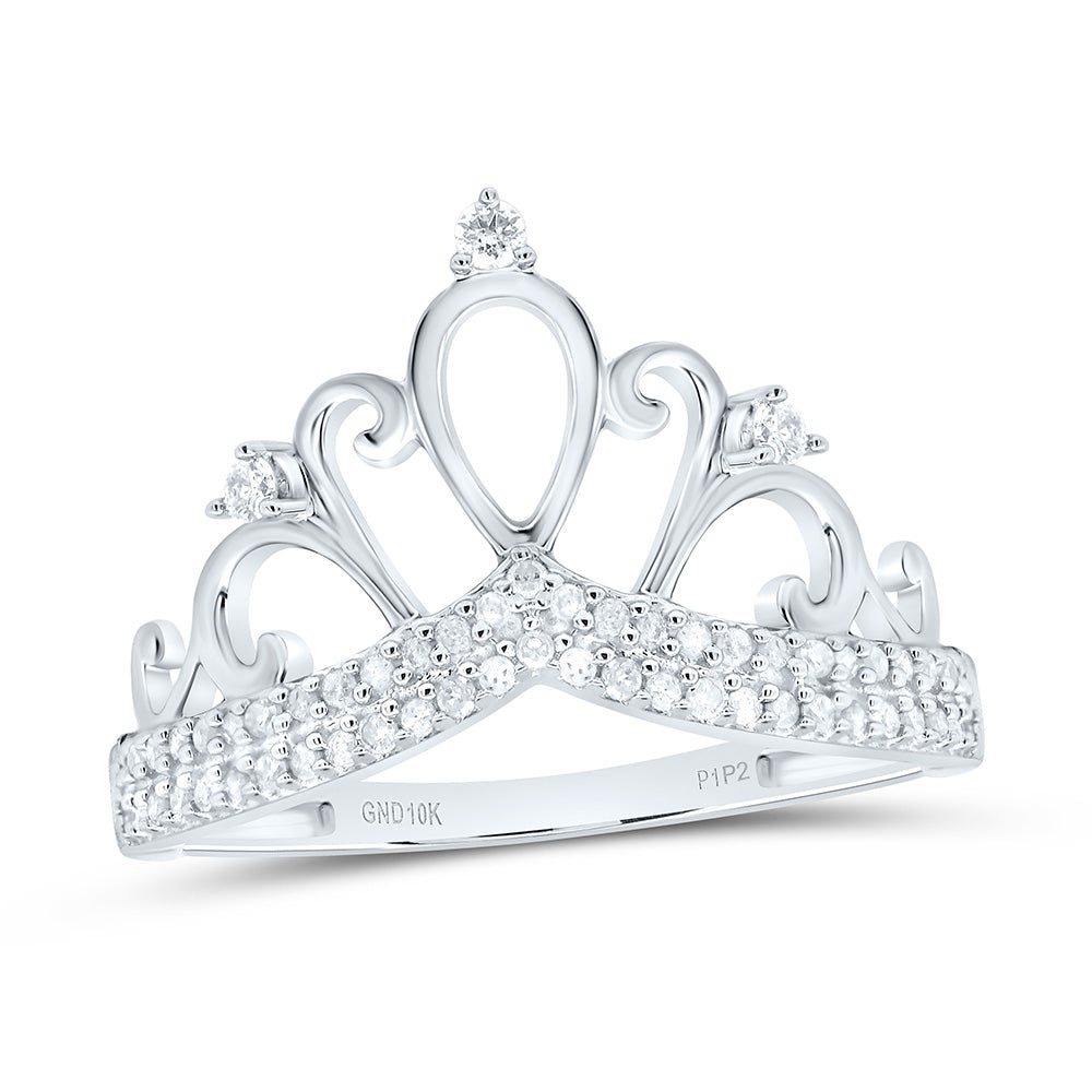 10kt White Gold Womens Round Diamond Crown Tiara Fashion Ring 1/5 Cttw