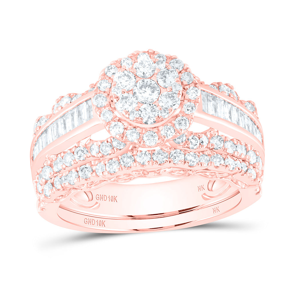 10kt Rose Gold Round Diamond Cluster Bridal Wedding Ring Band Set 1-1/2 Cttw