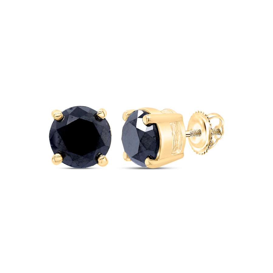 10kt Yellow Gold Unisex Round Black Color Enhanced Diamond Solitaire Earrings 3 Cttw