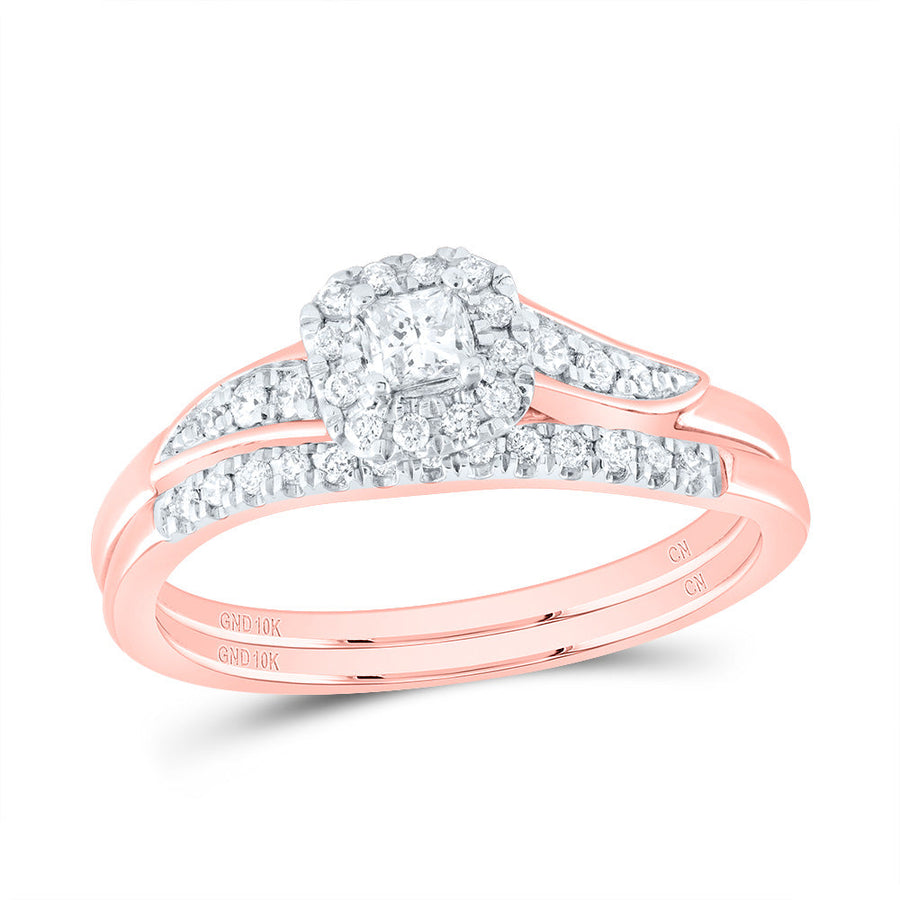 10kt Rose Gold Princess Diamond Halo Bridal Wedding Ring Band Set 1/3 Cttw