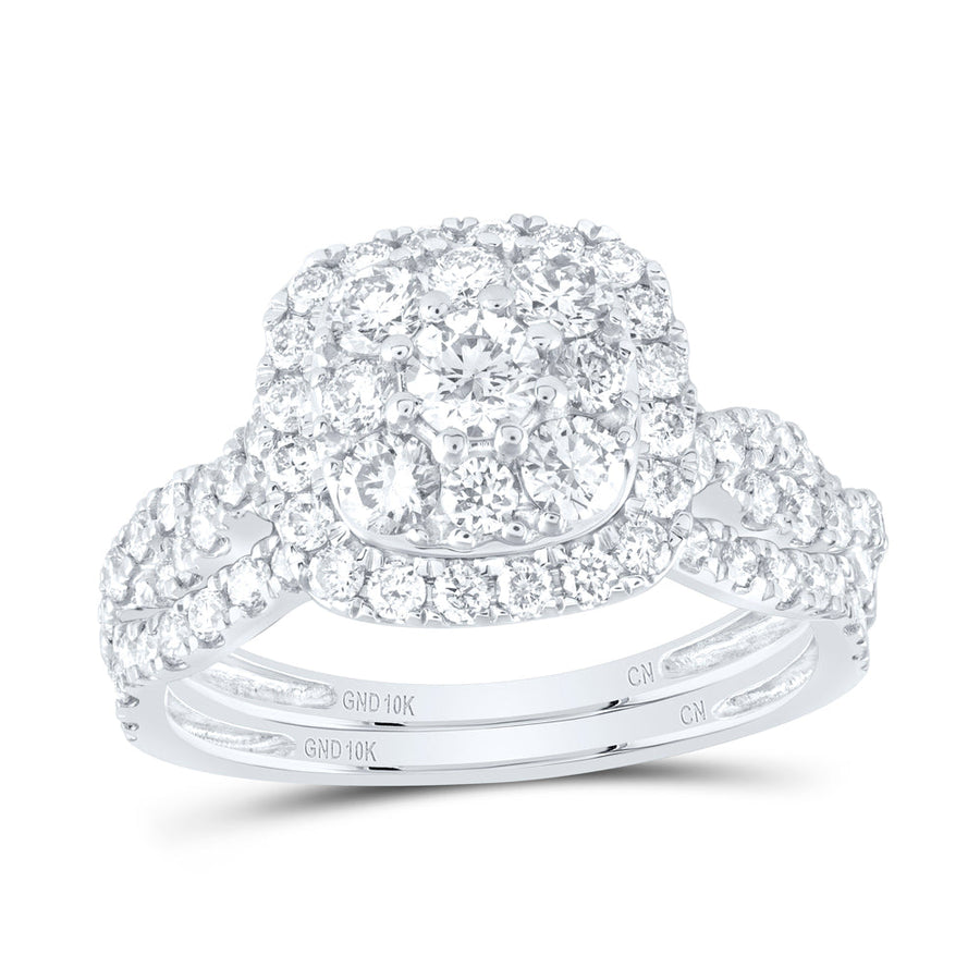 10kt White Gold Round Diamond Square Bridal Wedding Ring Band Set 1-1/2 Cttw