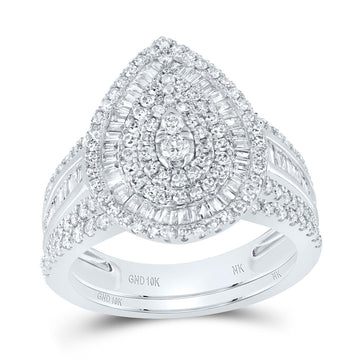 10kt White Gold Round Diamond Teardrop Bridal Wedding Ring Band Set 1-1/5 Cttw