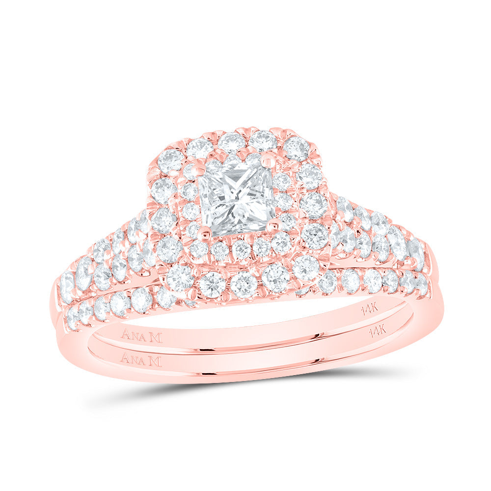 14kt Rose Gold Princess Diamond Halo Bridal Wedding Ring Band Set 1 Cttw