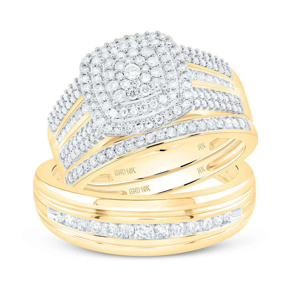 10kt Yellow Gold His Hers Round Diamond Cluster Matching Wedding Set 3/4 Cttw
