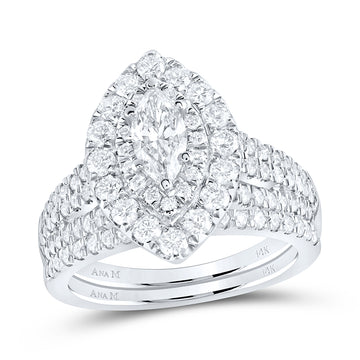 14kt White Gold Marquise Diamond Halo Bridal Wedding Ring Band Set 2 Cttw