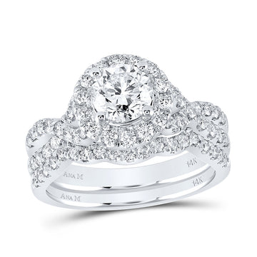 14kt White Gold Round Diamond Halo Bridal Wedding Ring Band Set 2 Cttw