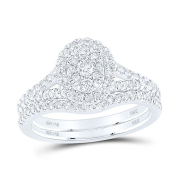 14kt White Gold Round Diamond Oval Bridal Wedding Ring Band Set 3/4 Cttw