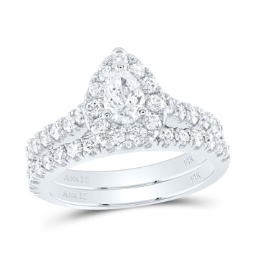 14kt White Gold Pear Diamond Halo Bridal Wedding Ring Band Set 1-3/4 Cttw