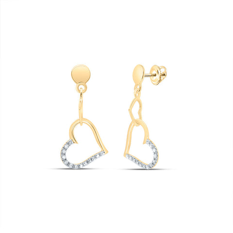 14kt Yellow Gold Womens Round Diamond Heart Dangle Earrings 1/10 Cttw