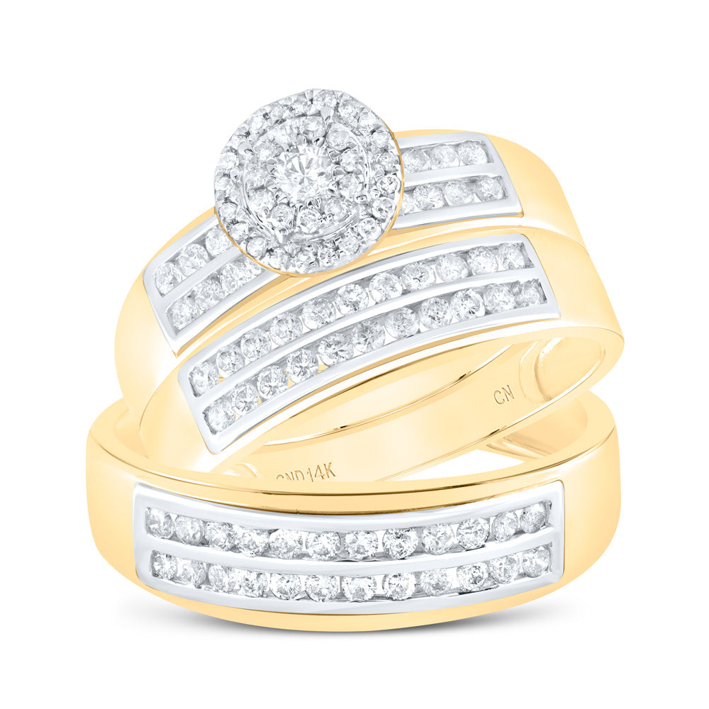 14kt Yellow Gold His Hers Round Diamond Cluster Matching Wedding Set 7/8 Cttw