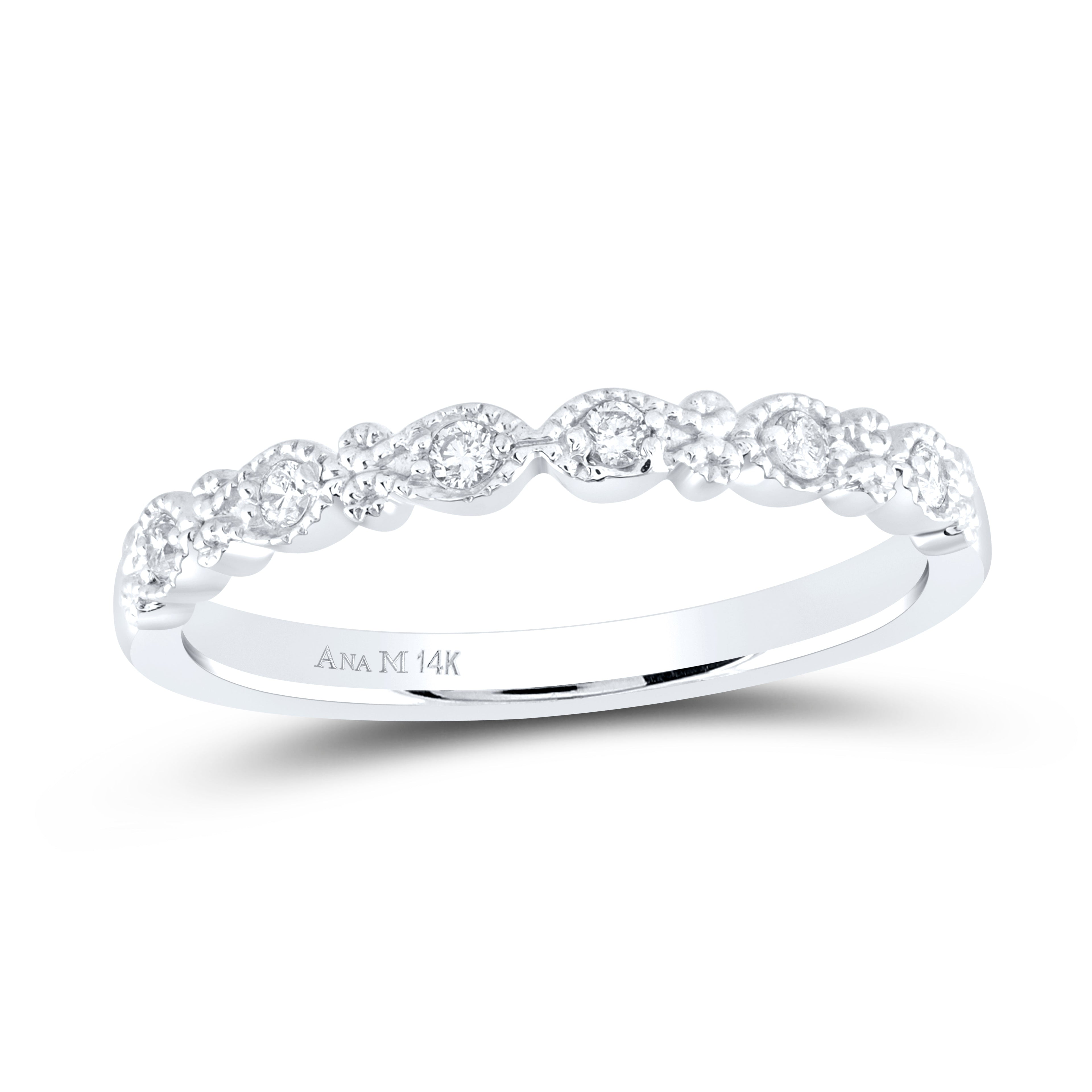 14kt White Gold Womens Round Diamond Milgrain Stackable Band Ring 1/10 Cttw