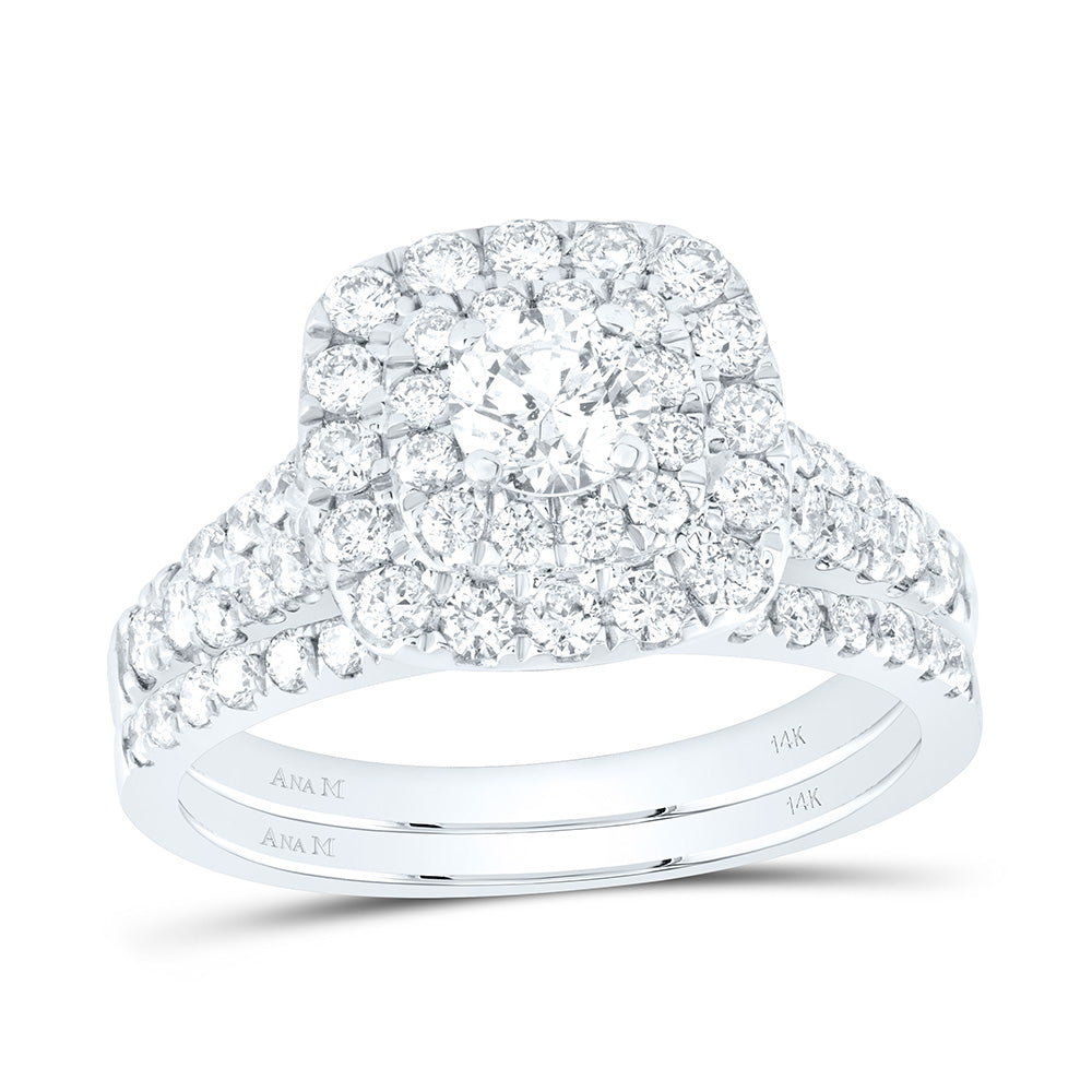14kt White Gold Round Diamond Halo Bridal Wedding Ring Band Set 1-1/2 Cttw