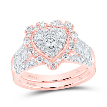 10kt Rose Gold Round Diamond Heart Bridal Wedding Ring Band Set 7/8 Cttw