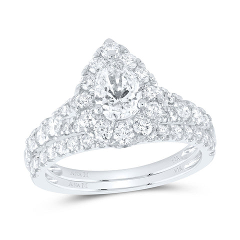 14kt White Gold Pear Diamond Halo Bridal Wedding Ring Band Set 2 Cttw