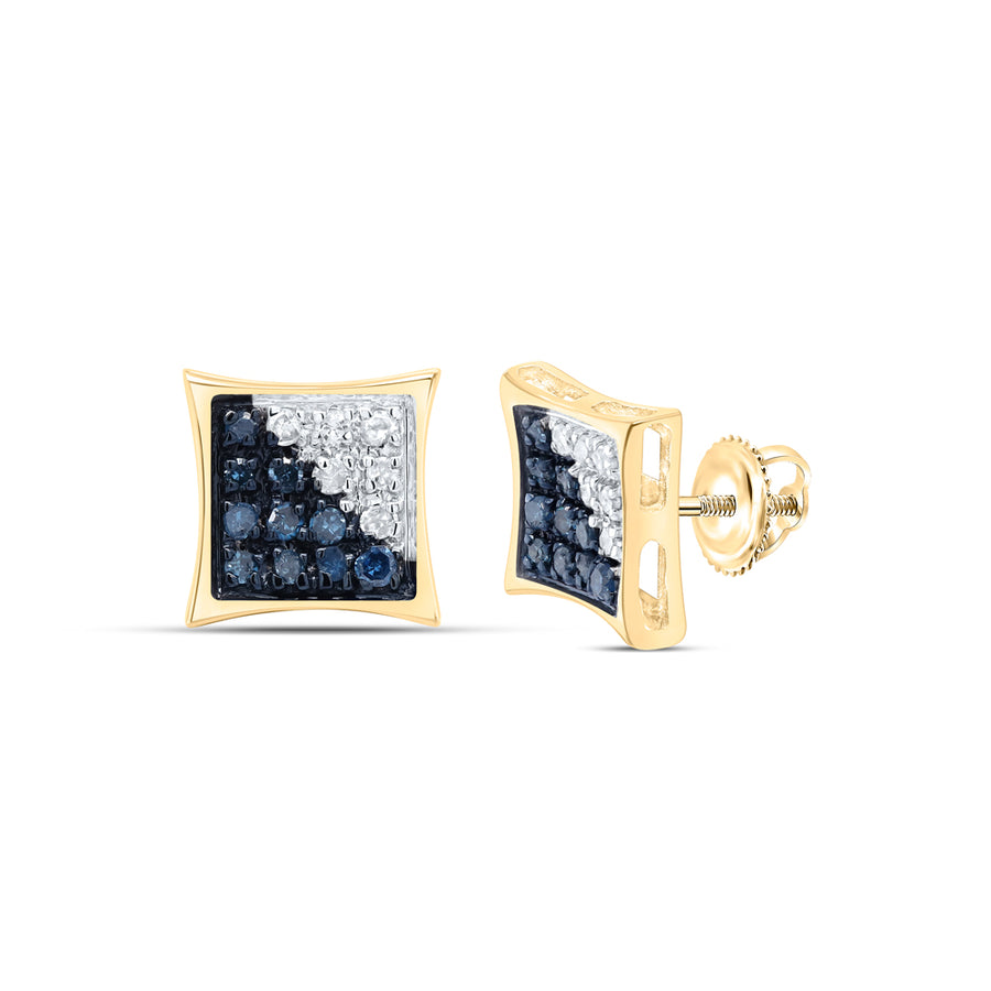 10kt Yellow Gold Round Blue Color Enhanced Diamond Square Earrings 1/10 Cttw