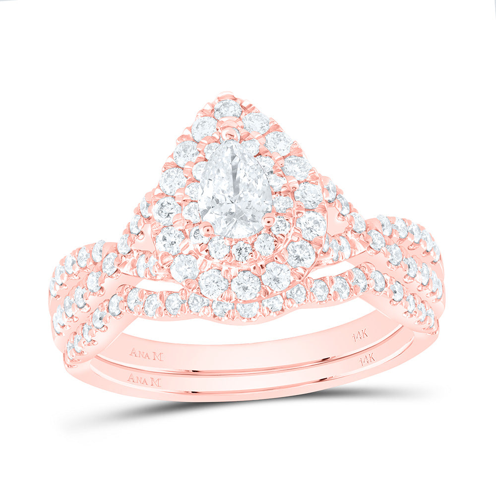 14kt Rose Gold Pear Diamond Halo Bridal Wedding Ring Band Set 1 Cttw