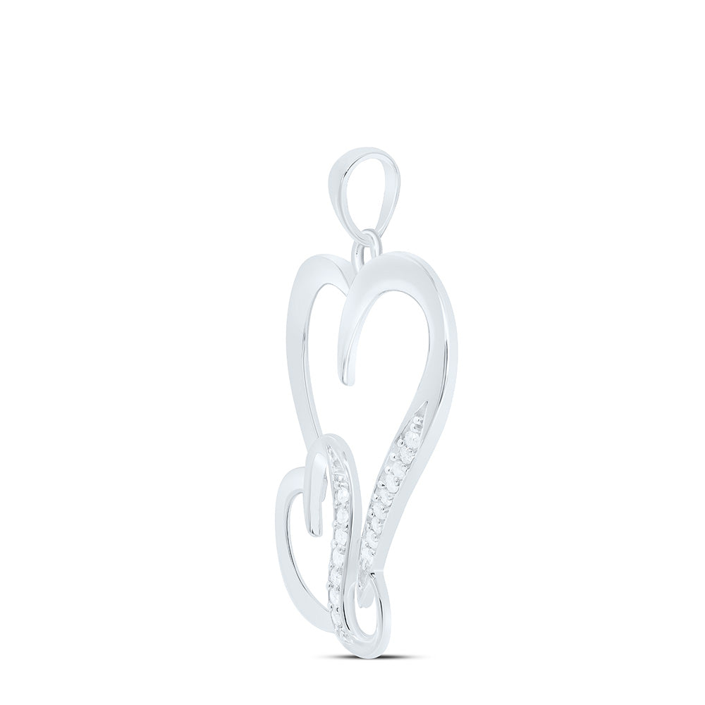 Sterling Silver Womens Round Diamond Double Heart Pendant 1/10 Cttw