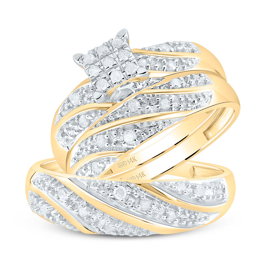 14kt Yellow Gold His Hers Round Diamond Square Matching Wedding Set 1/3 Cttw