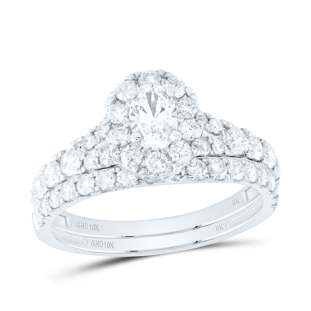 10kt White Gold Oval Diamond Halo Bridal Wedding Ring Band Set 1-1/2 Cttw