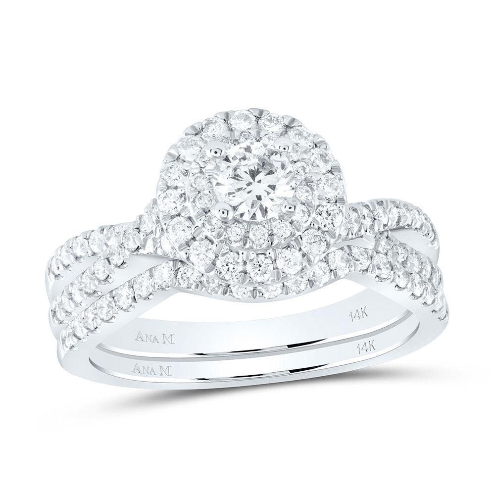 14kt White Gold Round Diamond Halo Bridal Wedding Ring Band Set 1 Cttw