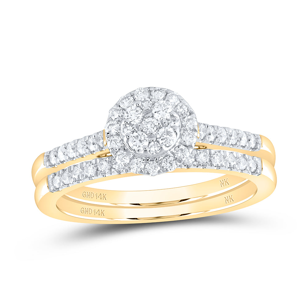14kt Yellow Gold Round Diamond Cluster Bridal Wedding Ring Band Set 1/2 Cttw