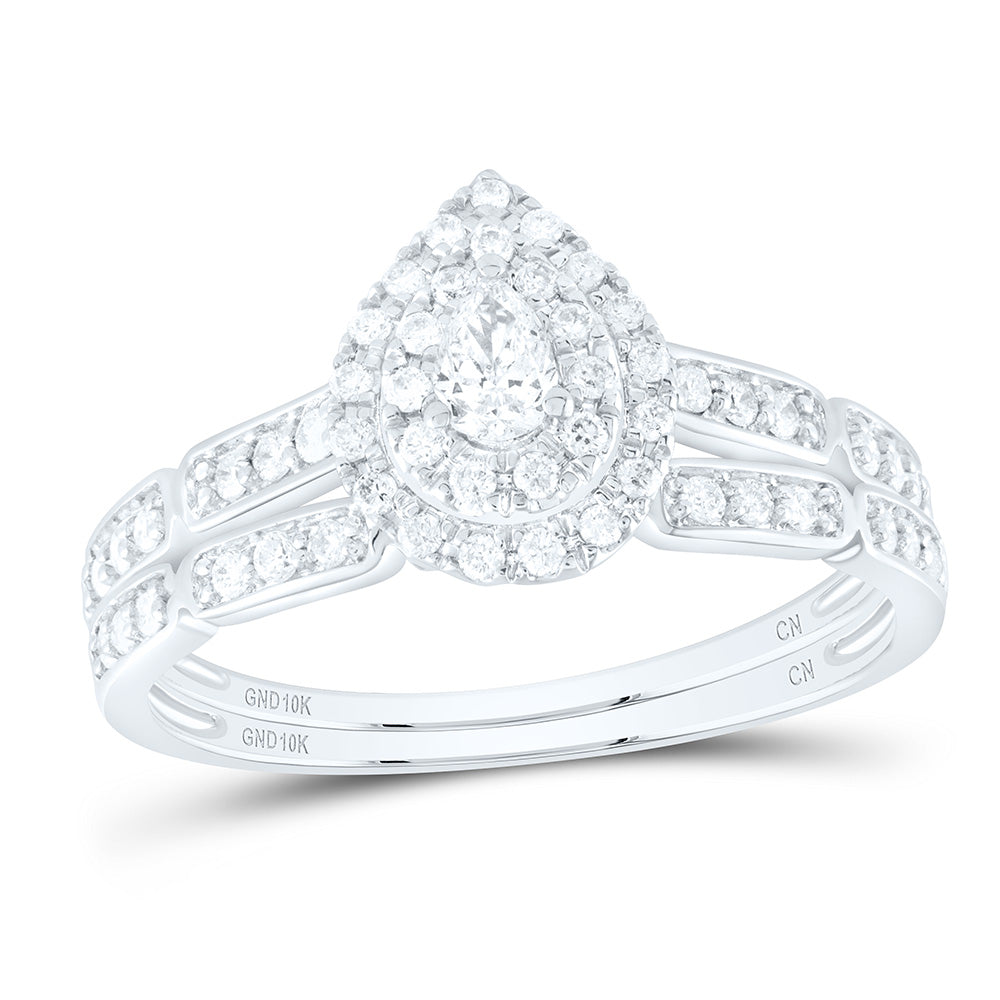 10kt White Gold Pear Diamond Halo Bridal Wedding Ring Band Set 3/8 Cttw
