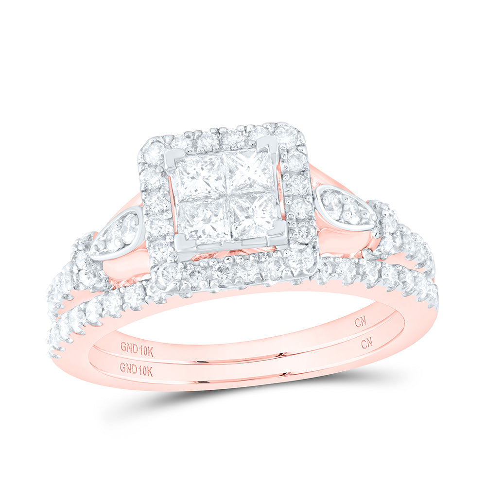 10kt Rose Gold Princess Diamond Square Bridal Wedding Ring Band Set 7/8 Cttw