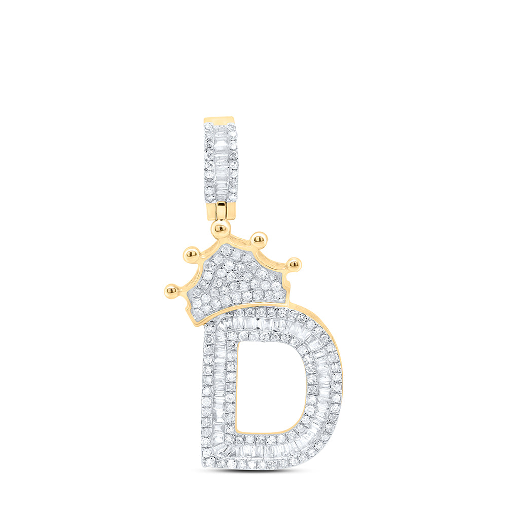 10kt Yellow Gold Mens Baguette Diamond Crown D Letter Charm Pendant 3/4 Cttw