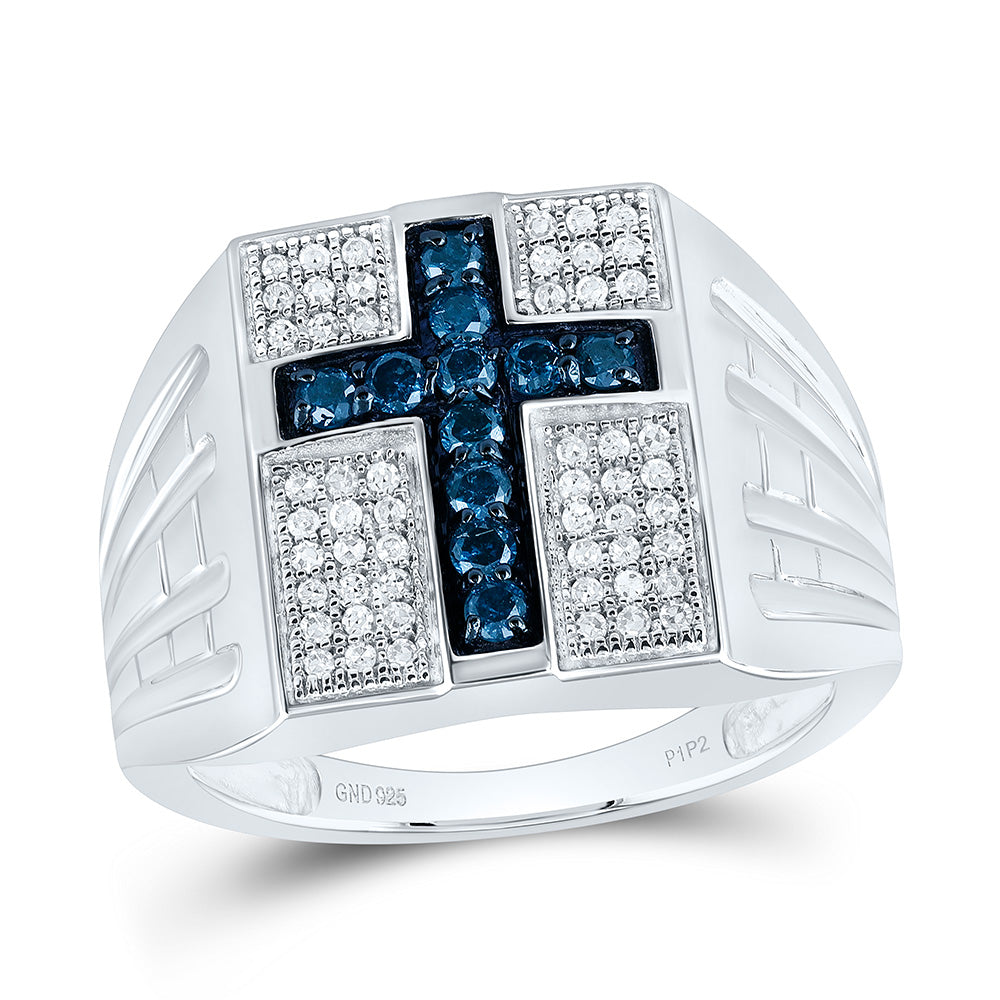 Sterling Silver Mens Round Blue Color Enhanced Diamond Cross Religious Ring 1/2 Cttw