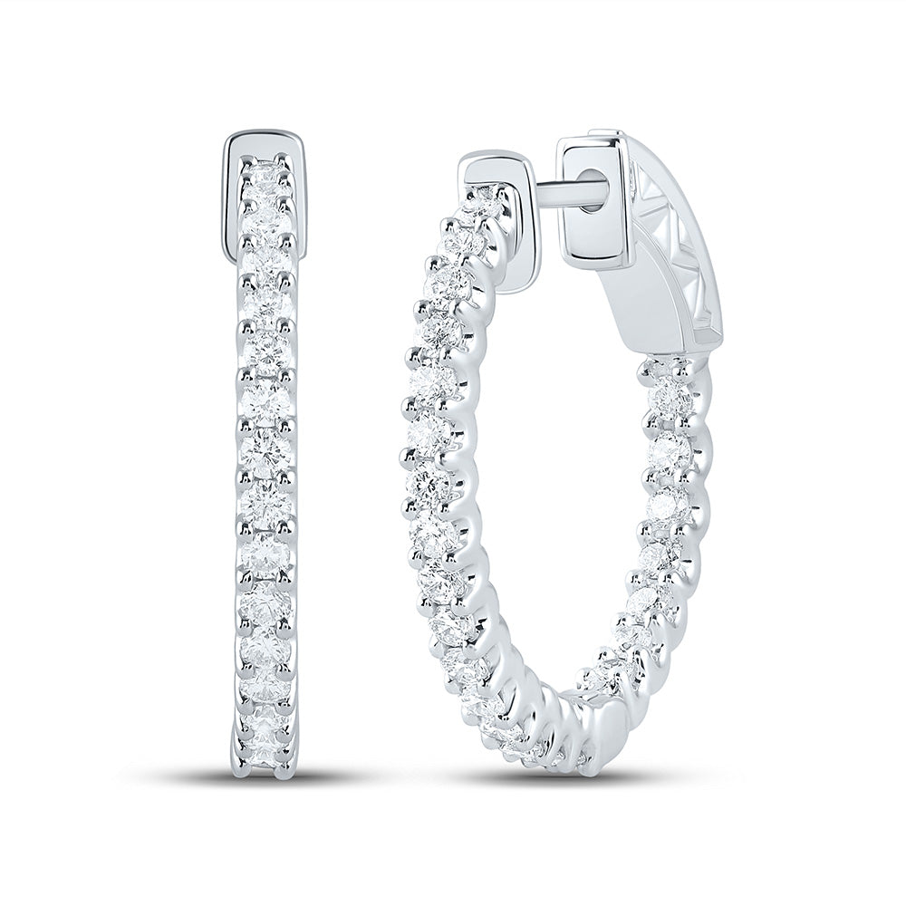 14kt White Gold Womens Round Diamond In Out Hoop Earrings 1 Cttw