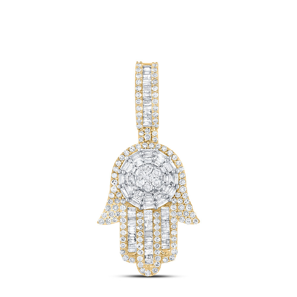 10kt Yellow Gold Mens Baguette Diamond Hamsa Charm Pendant 1-5/8 Cttw